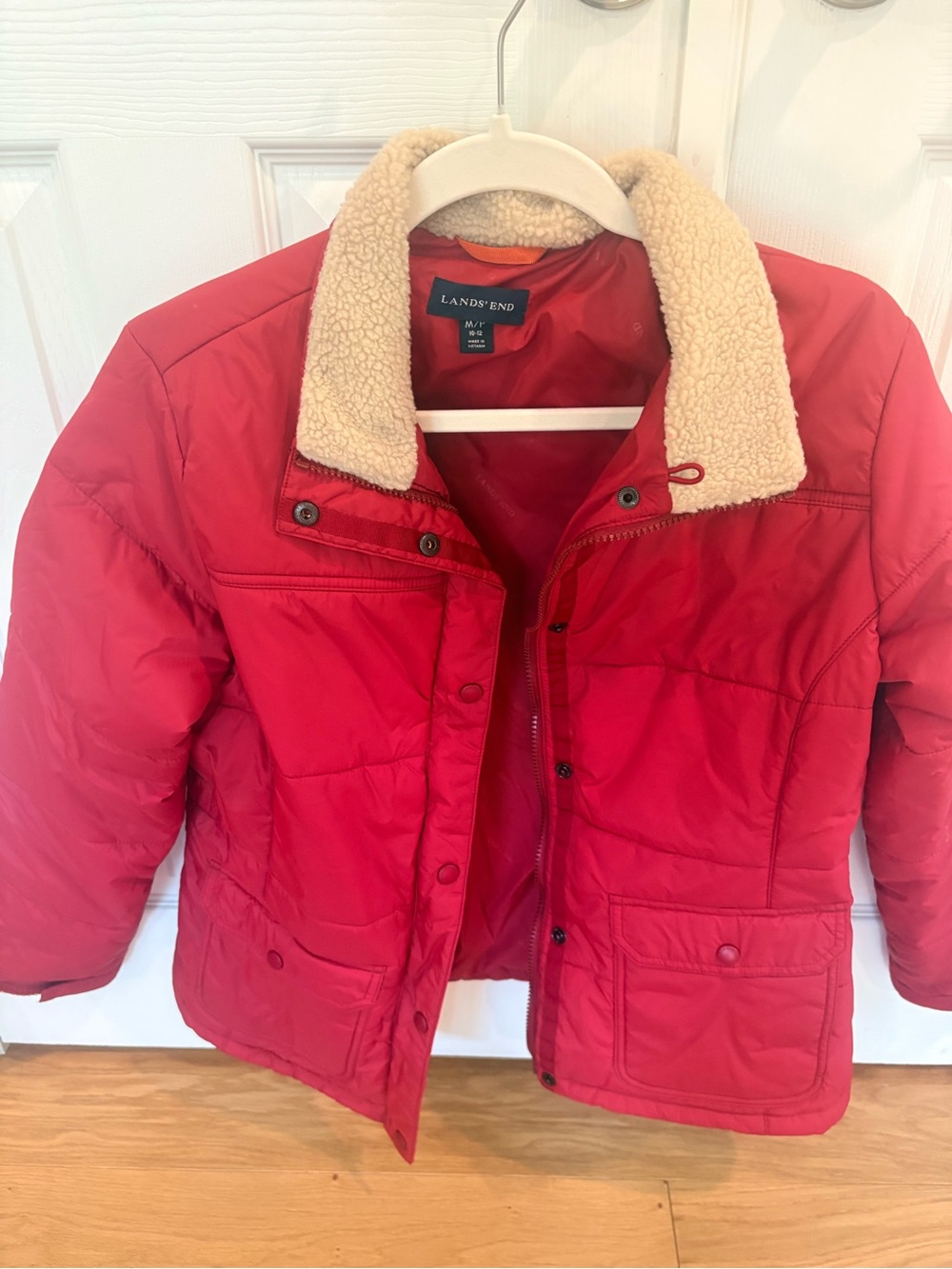 Lands' End Red Puffer Jacket with Sherpa Collar
